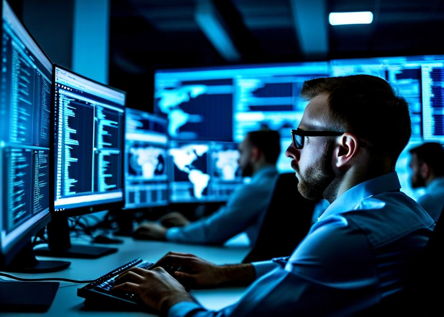 Cybersecurity team working at monitors in a modern office with dark blue ambient lighting